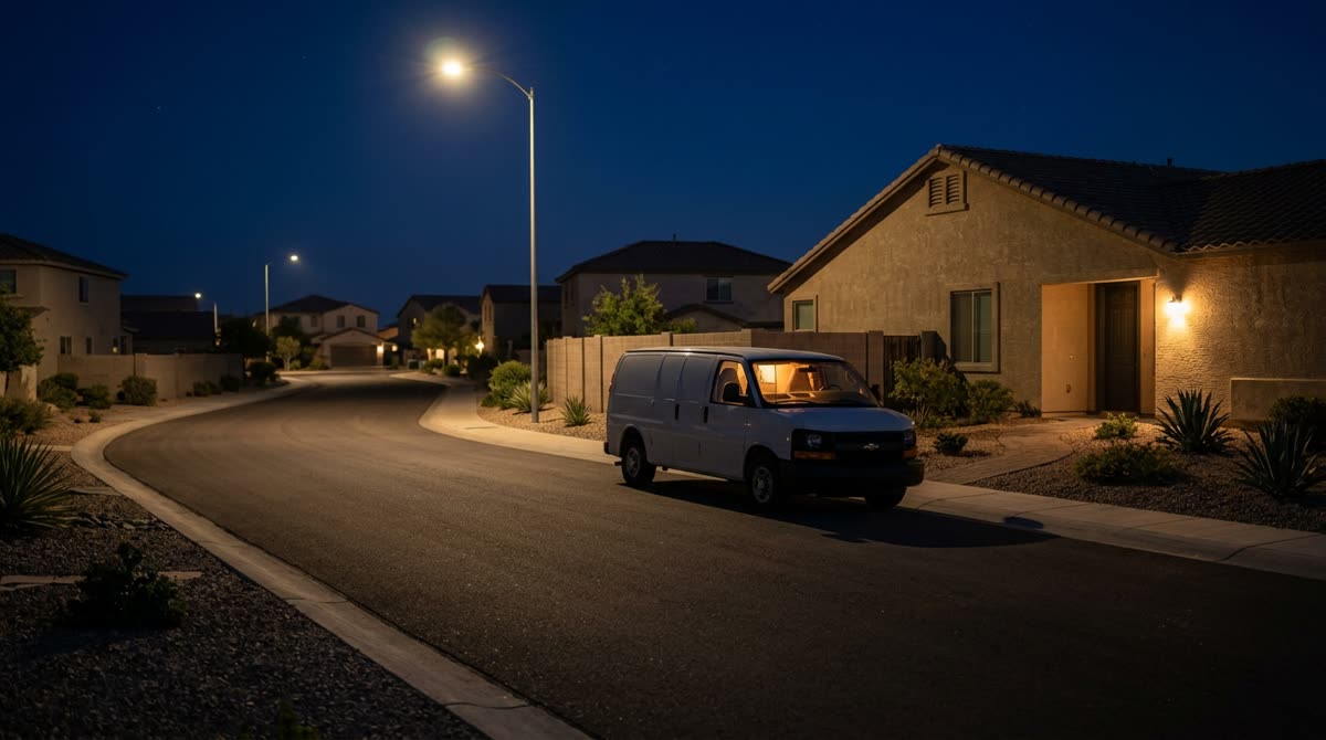 A quiet suburban street at night with an unmarked white van at the kerb and a porch light on.