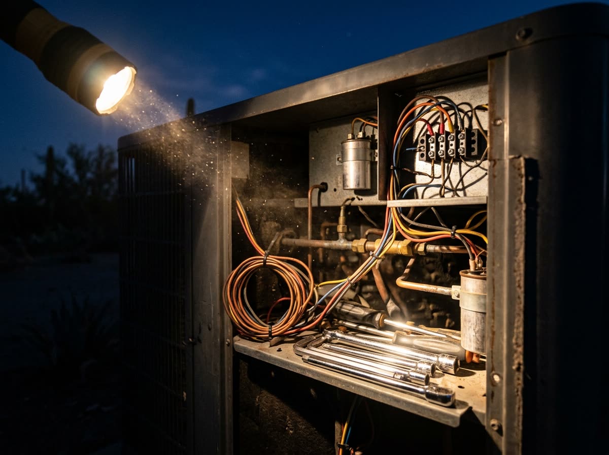 A flashlight beam crosses an open outdoor unit panel at night, catching dust and tools.