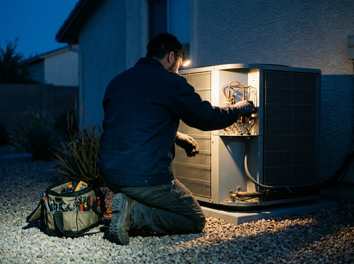 A technician kneels beside an outdoor unit at night, lit by a headlamp, back to camera.